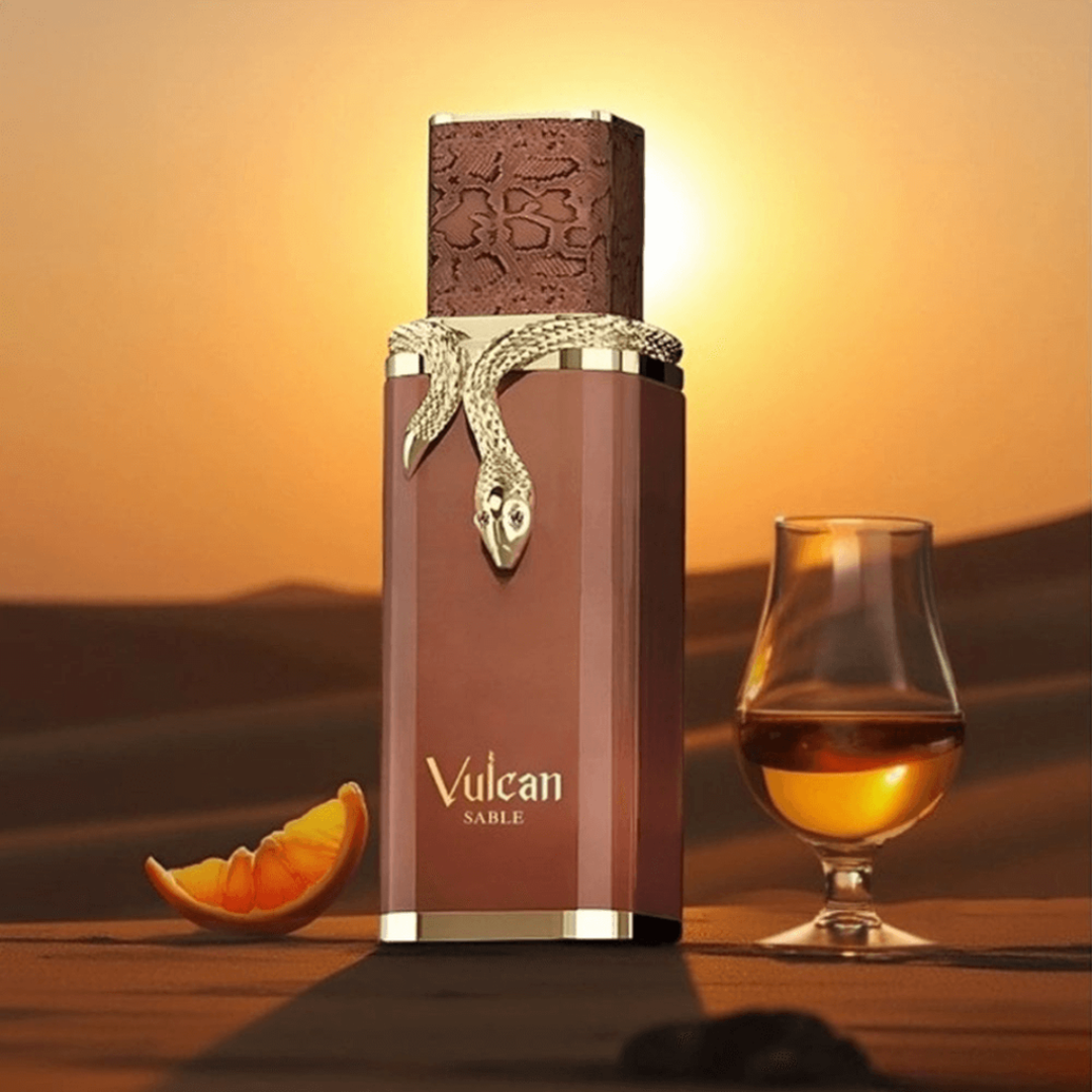 Vulcan Sable perfume bottle with a glass of amber liquid and an orange slice on a desert background