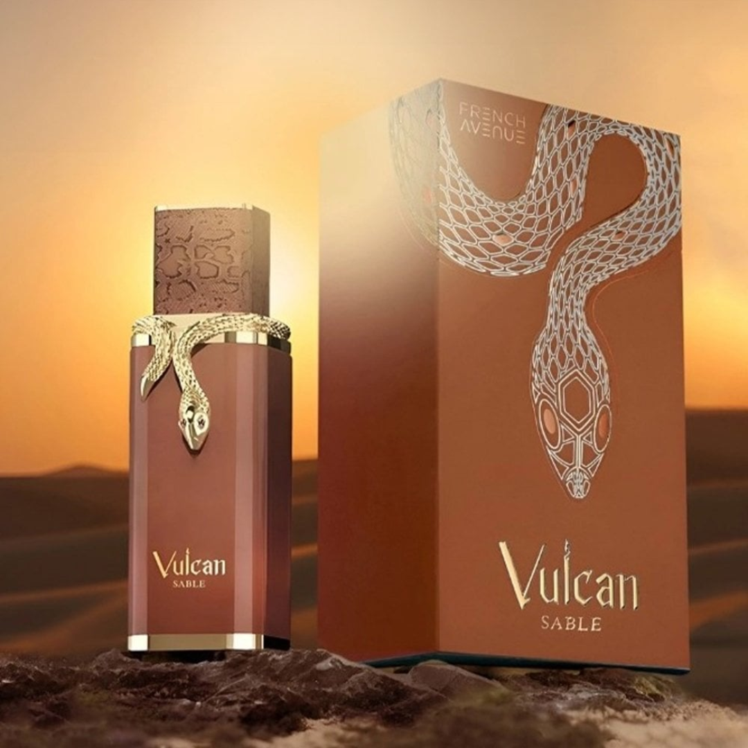 Vulcan Sable perfume bottle and packaging with desert background