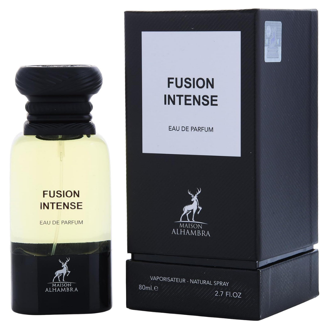 Maison Alhambra Fusion Intense Eau de Parfum bottle and packaging on a white background