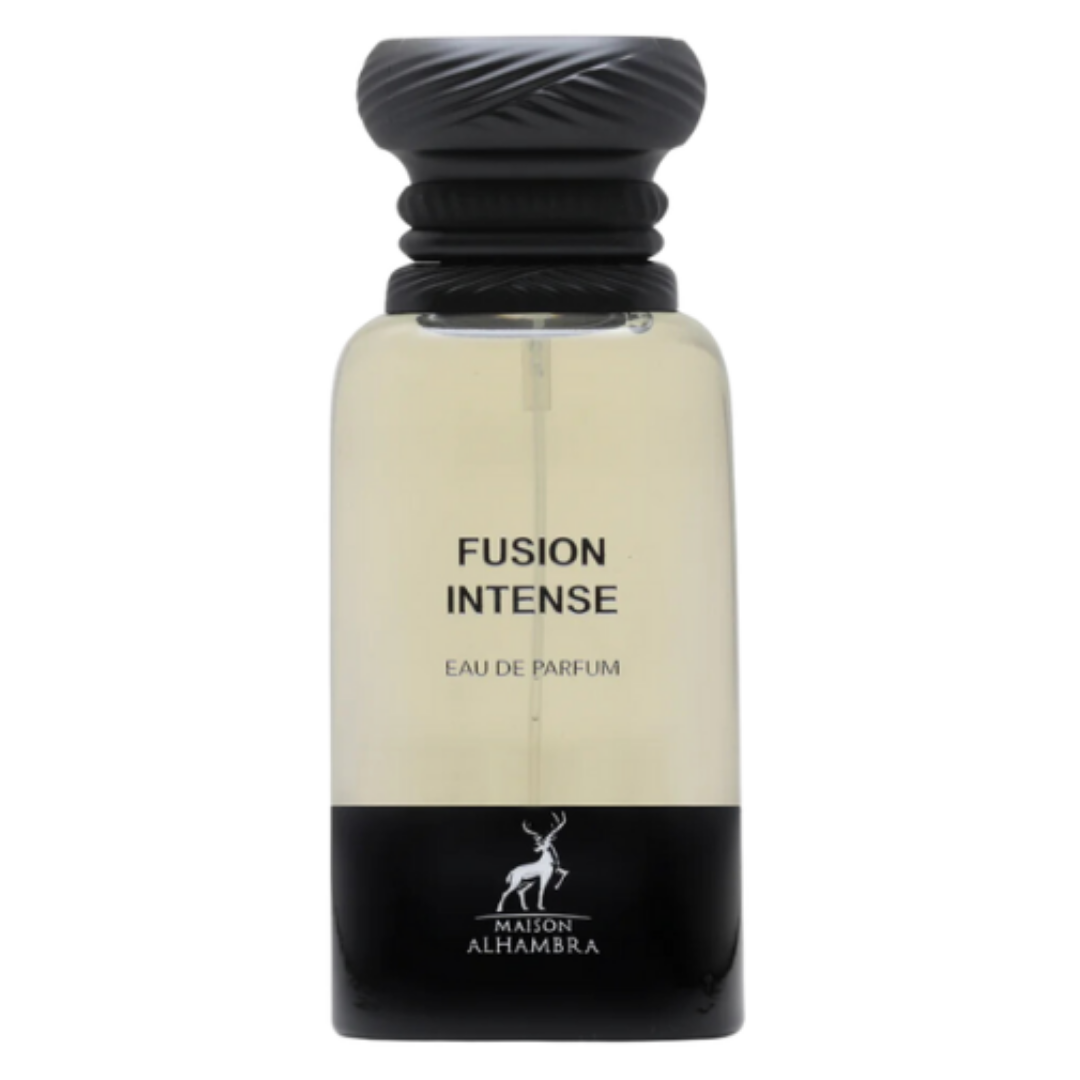 Perfume bottle labeled 'Fusion Intense' by Maison Alhambra on a white background