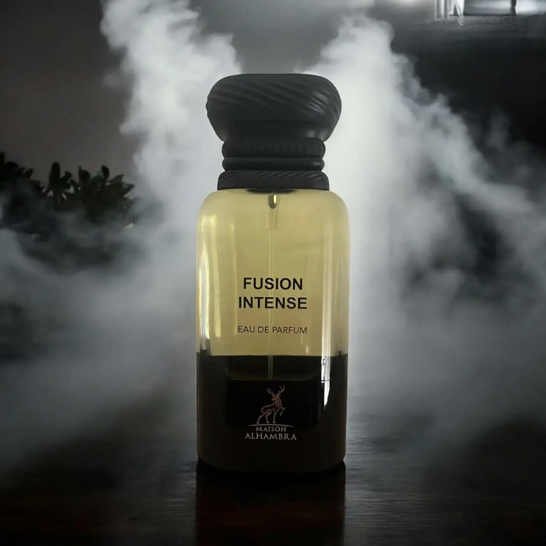 Perfume bottle labeled 'Fusion Intense' with a dark background and smoke effect