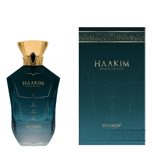 Haakim perfume bottle and packaging on a white background. Haakim by Brandy Designs Mens Perfume