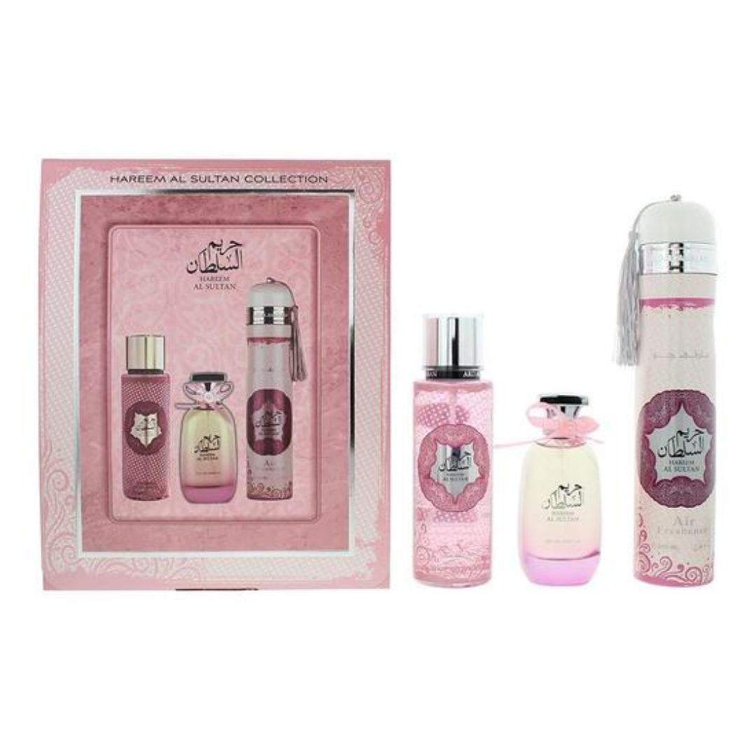 Perfume set with pink packaging and bottles on a white background. Hareem Al Sultan Giftset by Ard Al Zaafaran Womens Perfume