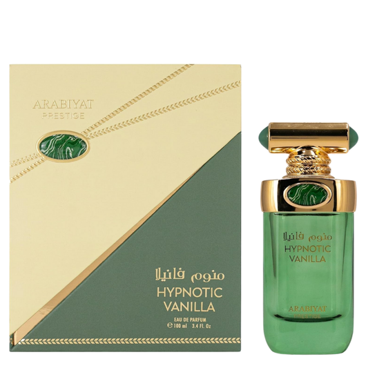 Green perfume bottle with packaging on a white background. Hypnotic Vanilla by Arabiyat Prestige Unisex Perfume