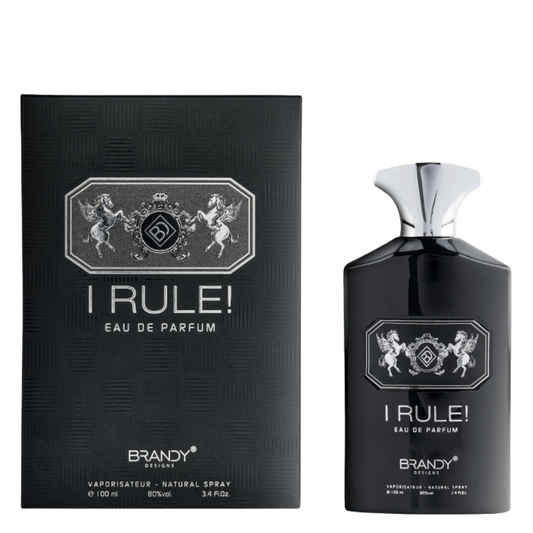I Rule! Eau de Parfum bottle and packaging on a white background. I Rule by Brandy Designs Mens Perfume