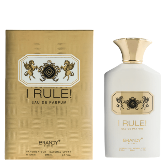 I Rule! Eau de Parfum bottle and packaging on a white background. I Rule by Brandy Designs Womens Perfume