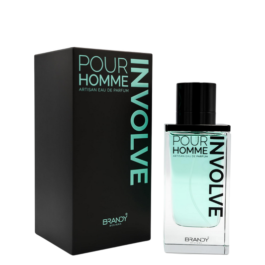 Pour Homme Involve perfume bottle and packaging on a white background. Involve by Brandy Designs Mens Perfume