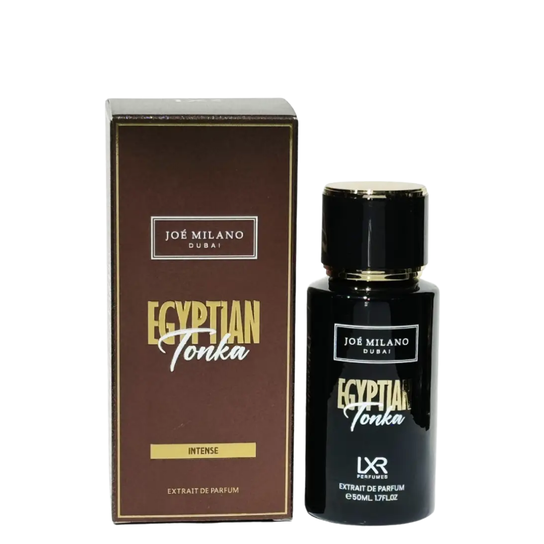 Joé Milano Egyptian Tonka perfume bottle and packaging on a white background