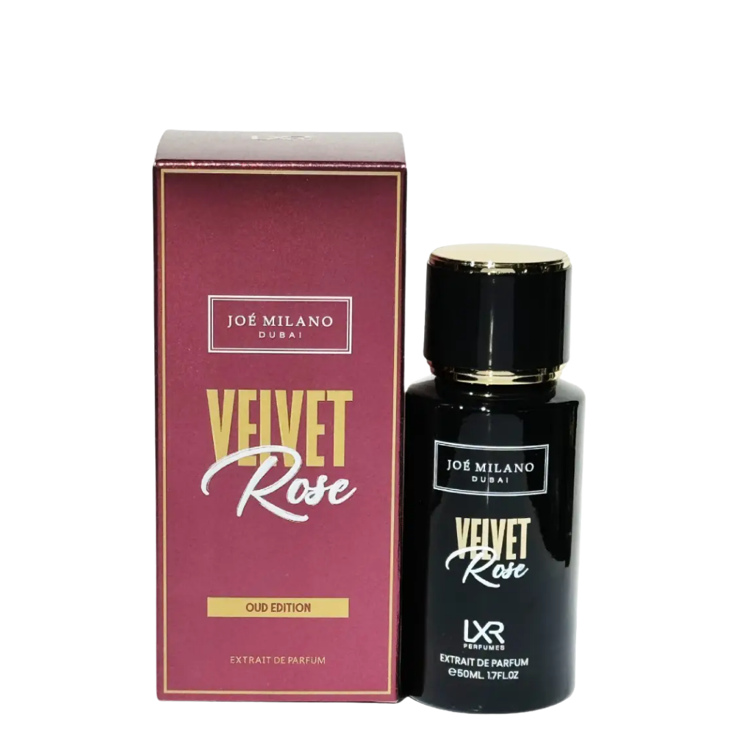 Joé Milano Velvet Rose perfume bottle and packaging on a white background