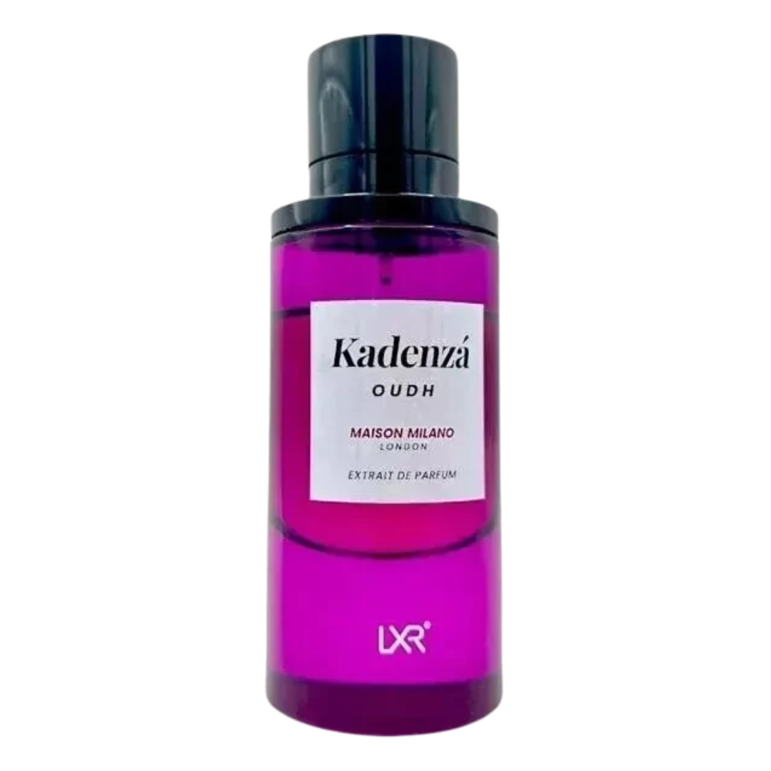 Perfume bottle labeled 'Kadenza Oudh' by Maison Milano on a white background. Kadenza Oud Perfume by LXR 100ml.