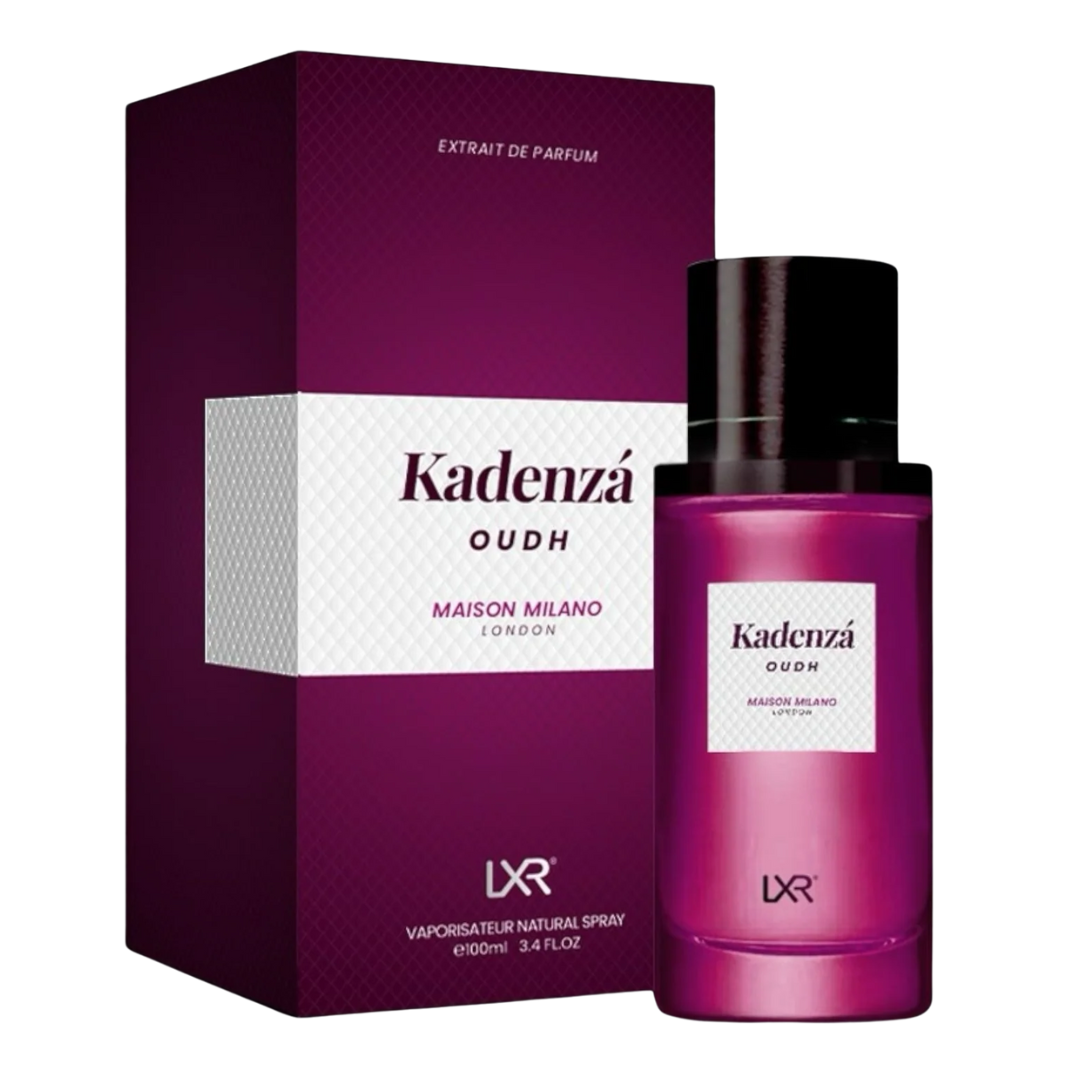 Kadenza Oudh perfume bottle and packaging on a white background. Kadenza Oud Perfume by LXR 100ml.