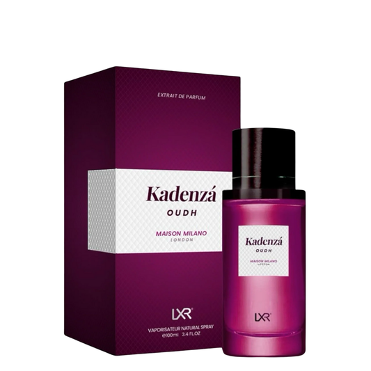 Kadenza Oudh perfume bottle and packaging on a white background. Kadenza Oud Perfume by LXR 100ml.