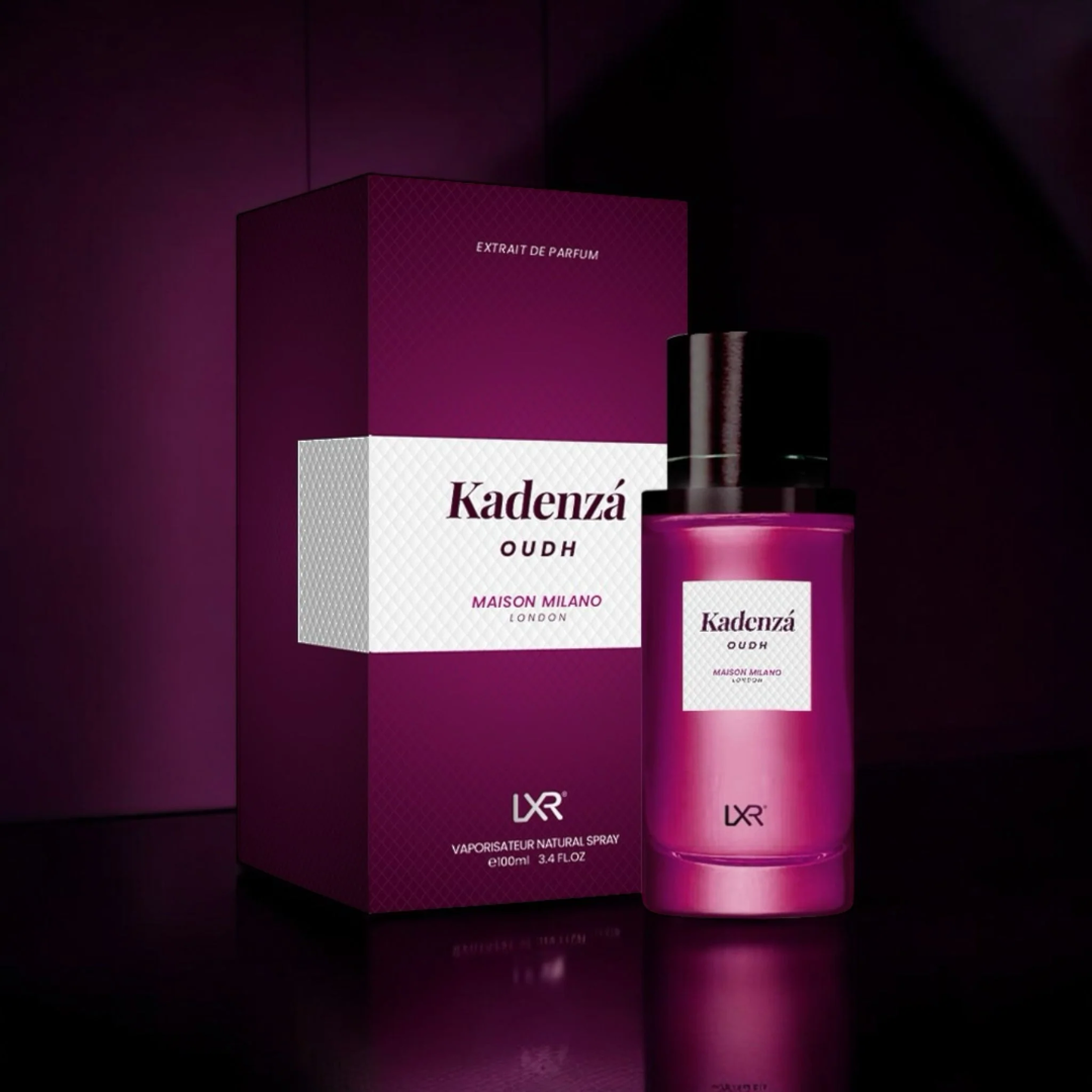 Kadenza Oudh perfume bottle and packaging on a dark background. Kadenza Oud Perfume by LXR 100ml.