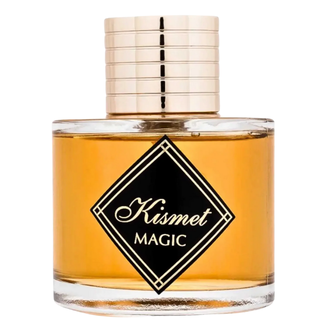 Perfume bottle labeled 'Kismet Magic' with a gold cap on a white background