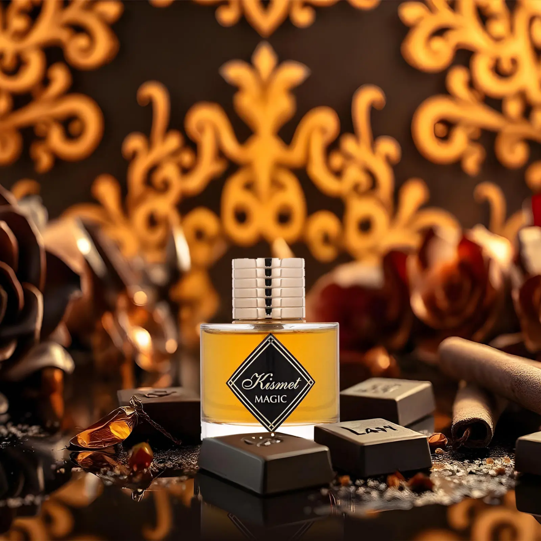 Perfume bottle labeled 'Kismet Magic' surrounded by decorative elements on a dark background