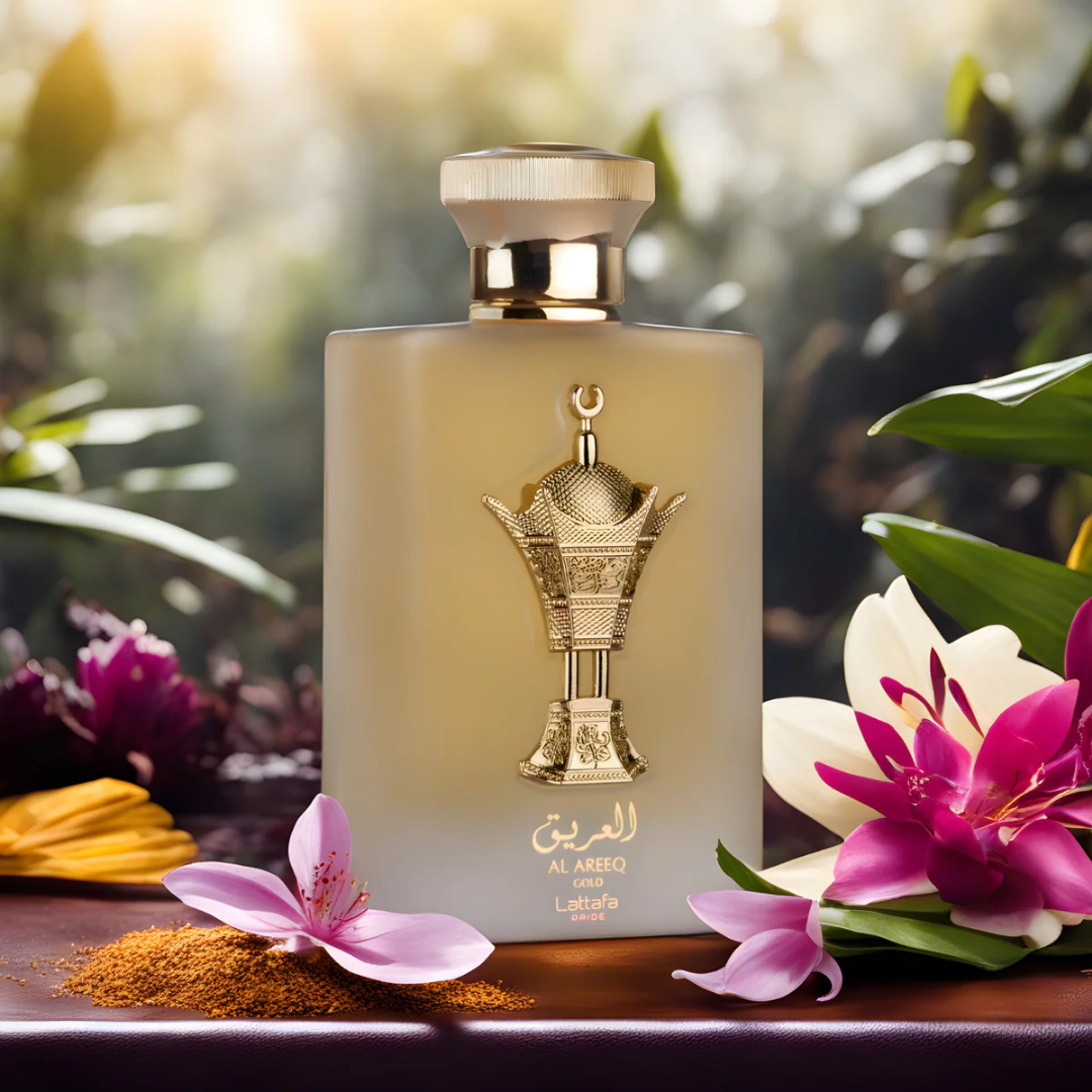 Perfume bottle with floral and spice elements on a blurred natural background. Lattafa Al Areeq Gold Unisex Perfume