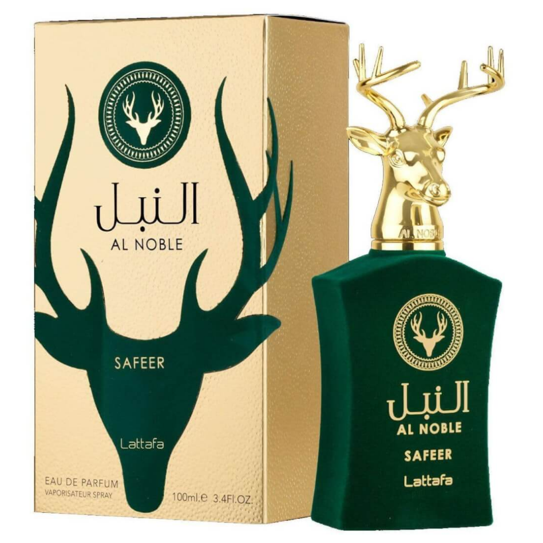 Al Noble Safeer perfume bottle and packaging with gold deer design on a beige background