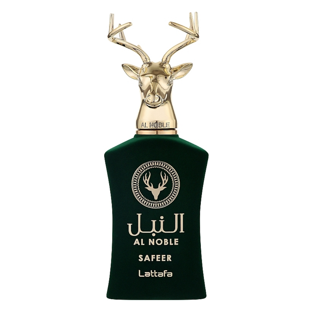 Green perfume bottle with gold deer head design on a white background. Lattafa Al Noble Safeer Unisex Perfume