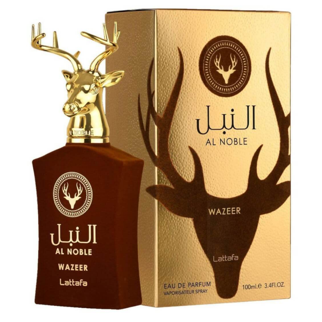 Al Noble Wazeer perfume bottle and packaging with gold deer head design.