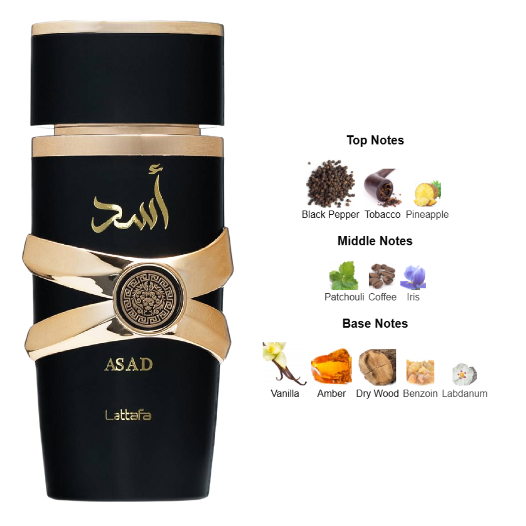 Asad by Lattafa fragrance notes image – Perfume composition with top notes of black pepper, tobacco, pineapple; middle notes of patchouli, coffee, iris; base notes of vanilla, amber, dry wood, benzoin, and labdanum. Clone / dupe of / inspired by Dior - Sauvage Elixir perfume.