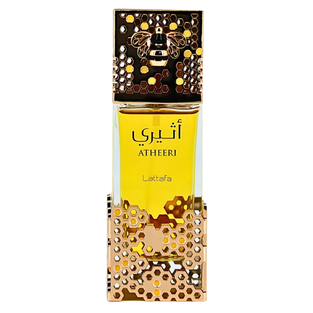 Atheeri perfume bottle by Lattafa with honeycomb design on a white background