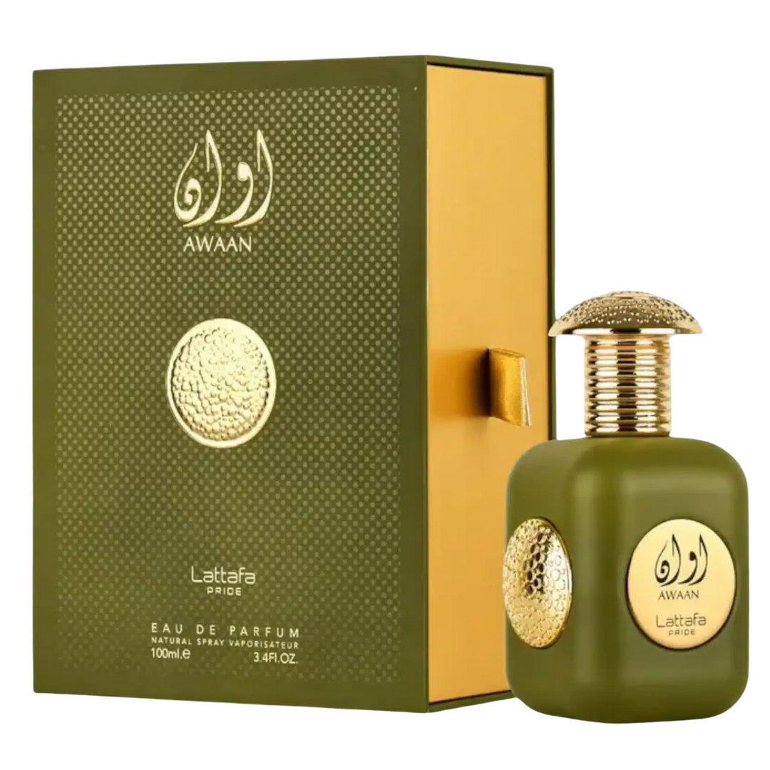 Green Lattafa Awaan perfume bottle and packaging on a white background