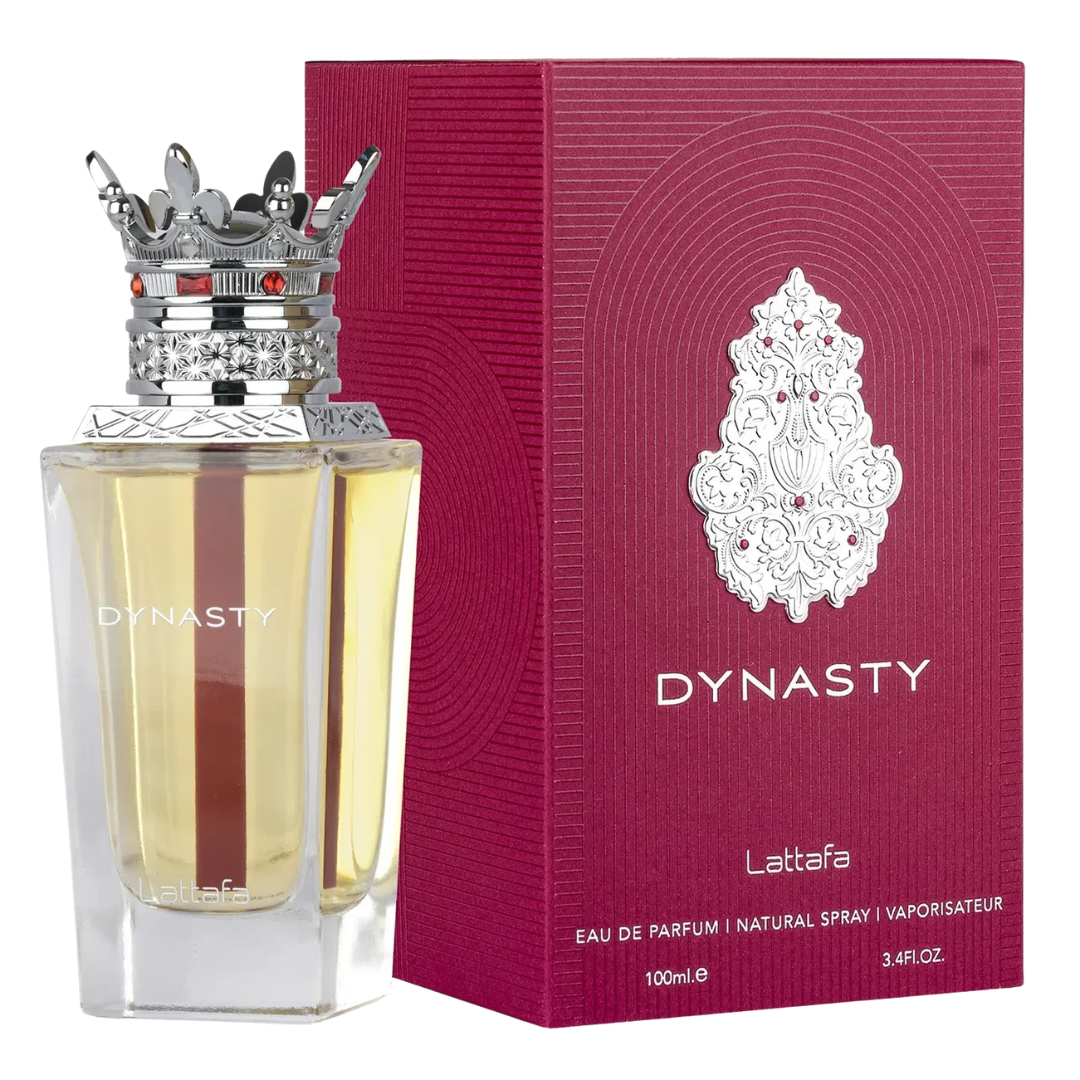 Lattafa Dynasty perfume bottle and packaging on a white background.