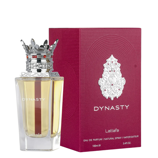 Lattafa Dynasty perfume bottle and packaging on a white background.