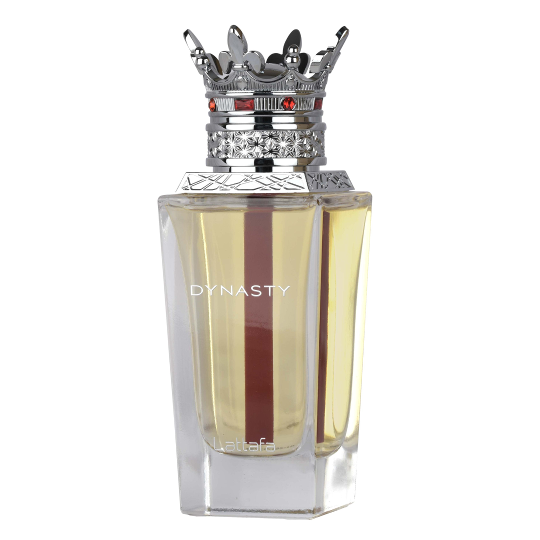 Perfume bottle labeled 'Dynasty' with a decorative cap on a white background. Lattafa Dynasty Unisex Perfume.