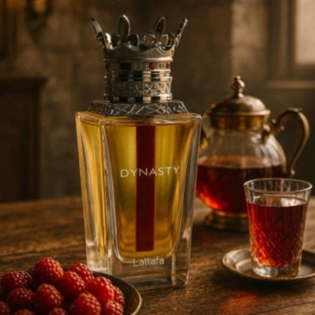 Perfume bottle labeled 'Dynasty' with a teapot and cup on a wooden table. Lattafa Dynasty Unisex Perfume.