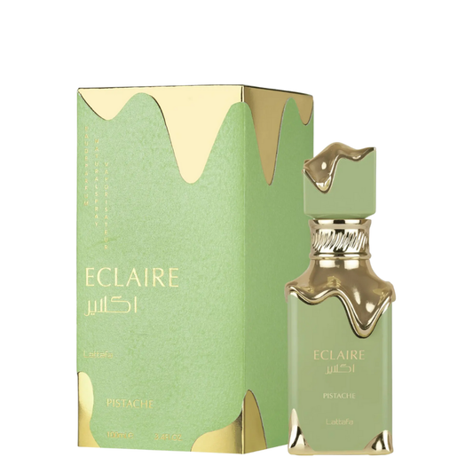 Eclaire Pistache perfume bottle and packaging on a white background