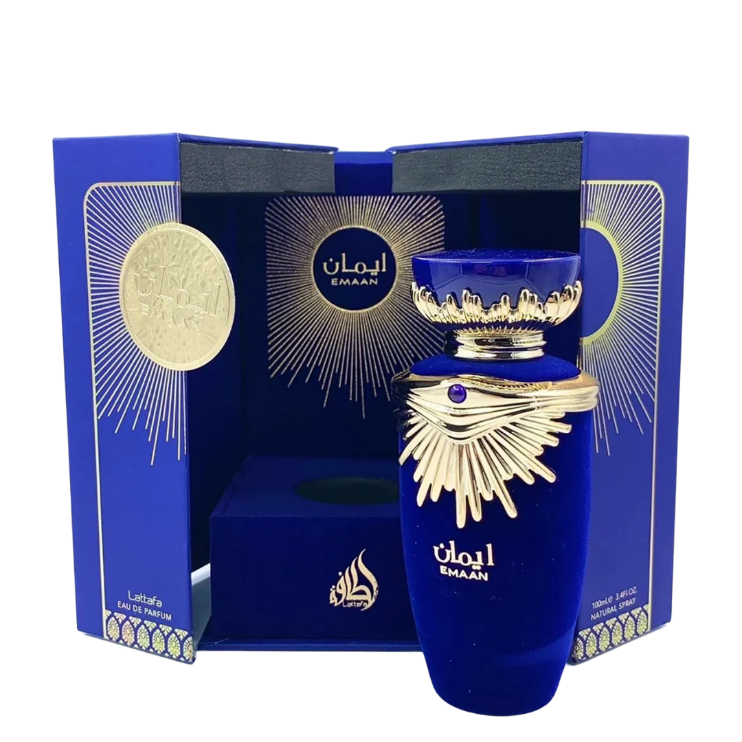 Blue perfume bottle with intricate design and packaging on a white background. Lattafa Emaan Womens Perfume