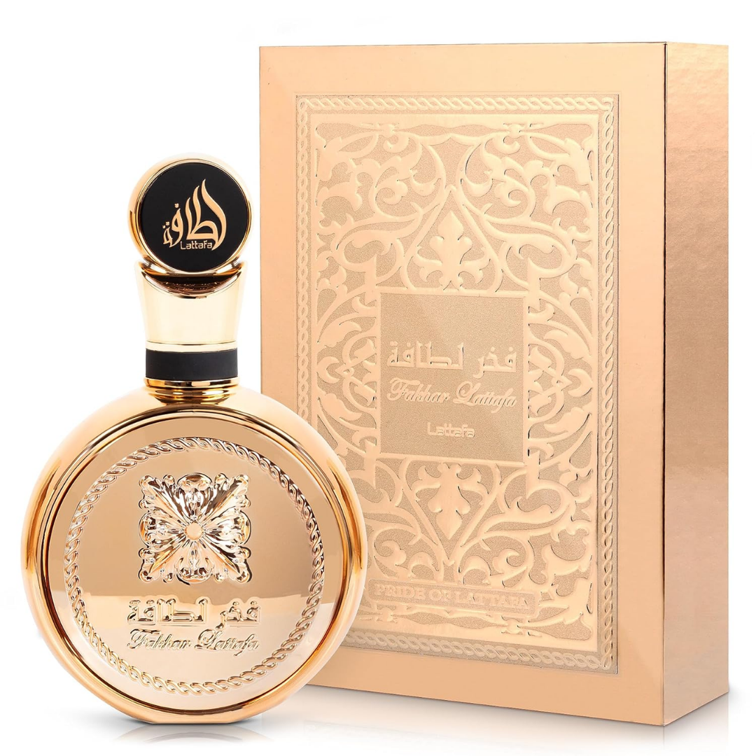 Lattafa Fakhar Extrait perfume – elegant gold bottle and matching ornate gift box, opulent unisex fragrance with long-lasting scent. Clone / dupe of / inspired by Paco Rabanne - 1 Million Parfum perfume.