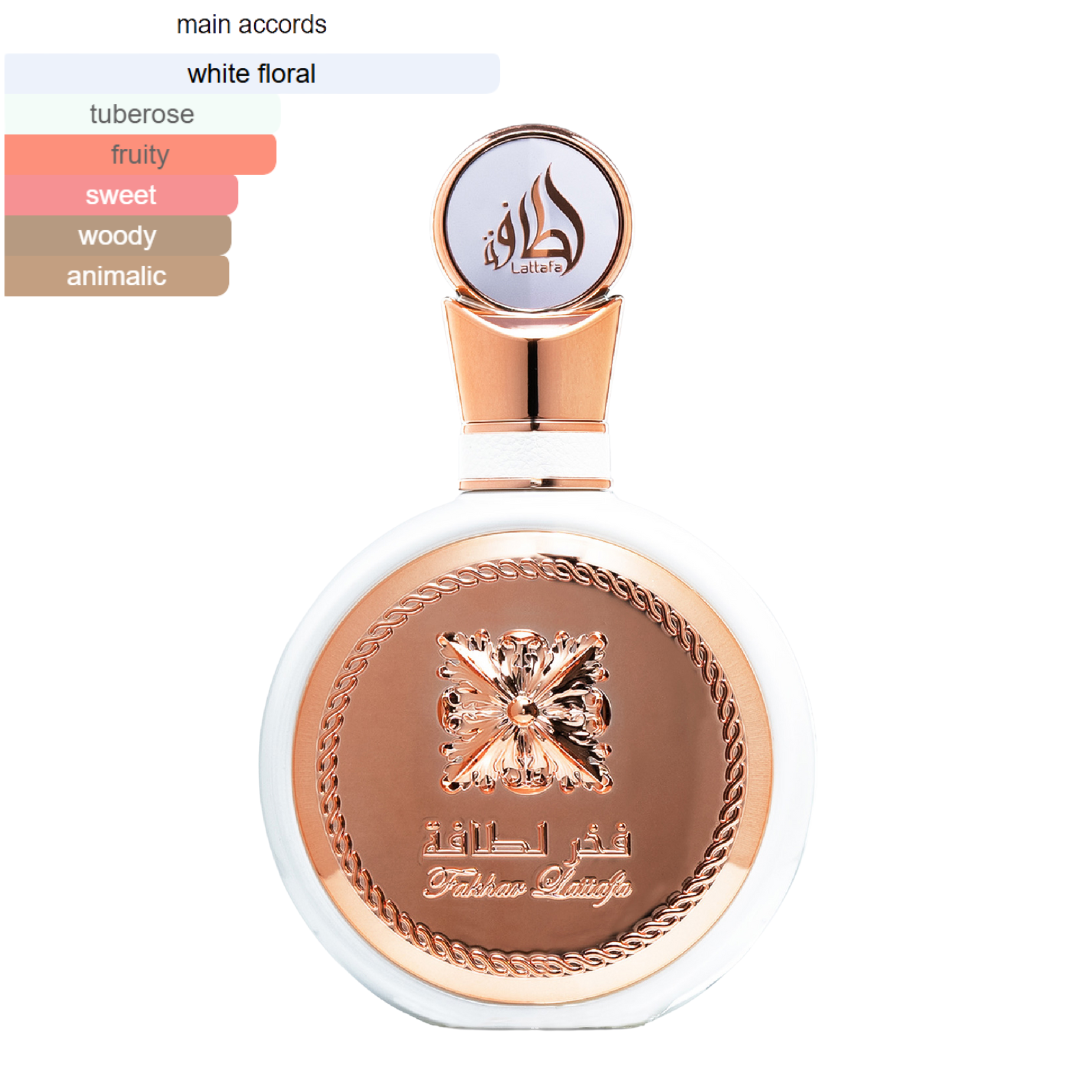 Lattafa Fakhar perfume bottle with white floral, tuberose, fruity, sweet, woody, and animalic scent profile chart, ideal for luxury fragrance lovers. Clone / dupe of / inspired by Givenchy - L’Interdit perfume.