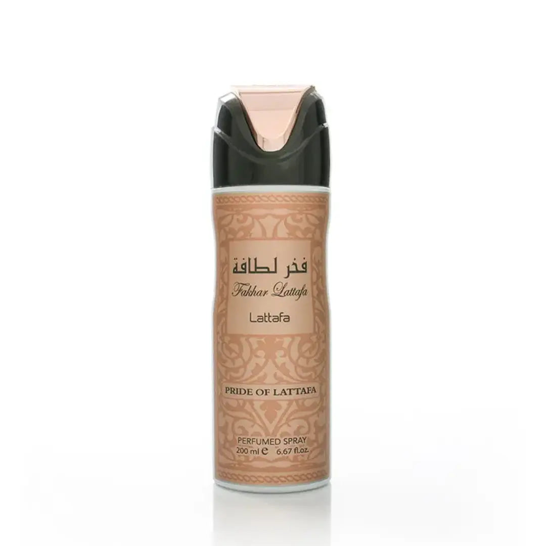 A bottle of Fakhar Rose perfume from Lattafa, with a rose gold cap and label featuring an intricate design. Clone / dupe of / inspired by Givenchy - L’Interdit perfume.