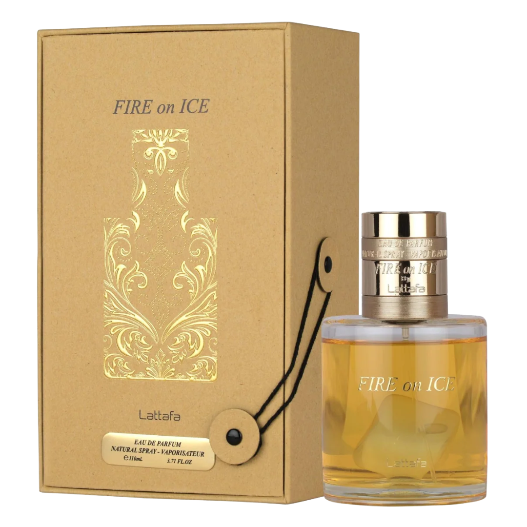 Perfume bottle and packaging of 'FIRE on ICE' by Lattafa on a white background
