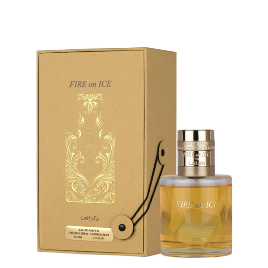 Perfume bottle and packaging of 'FIRE on ICE' by Lattafa on a white background