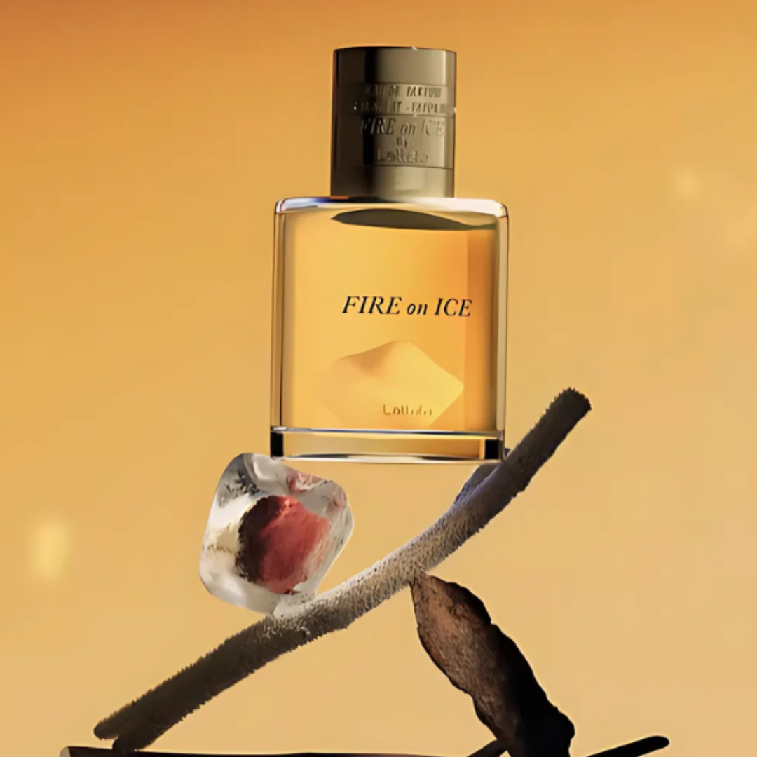 Perfume bottle labeled 'Fire on Ice' with a decorative element on an orange background
