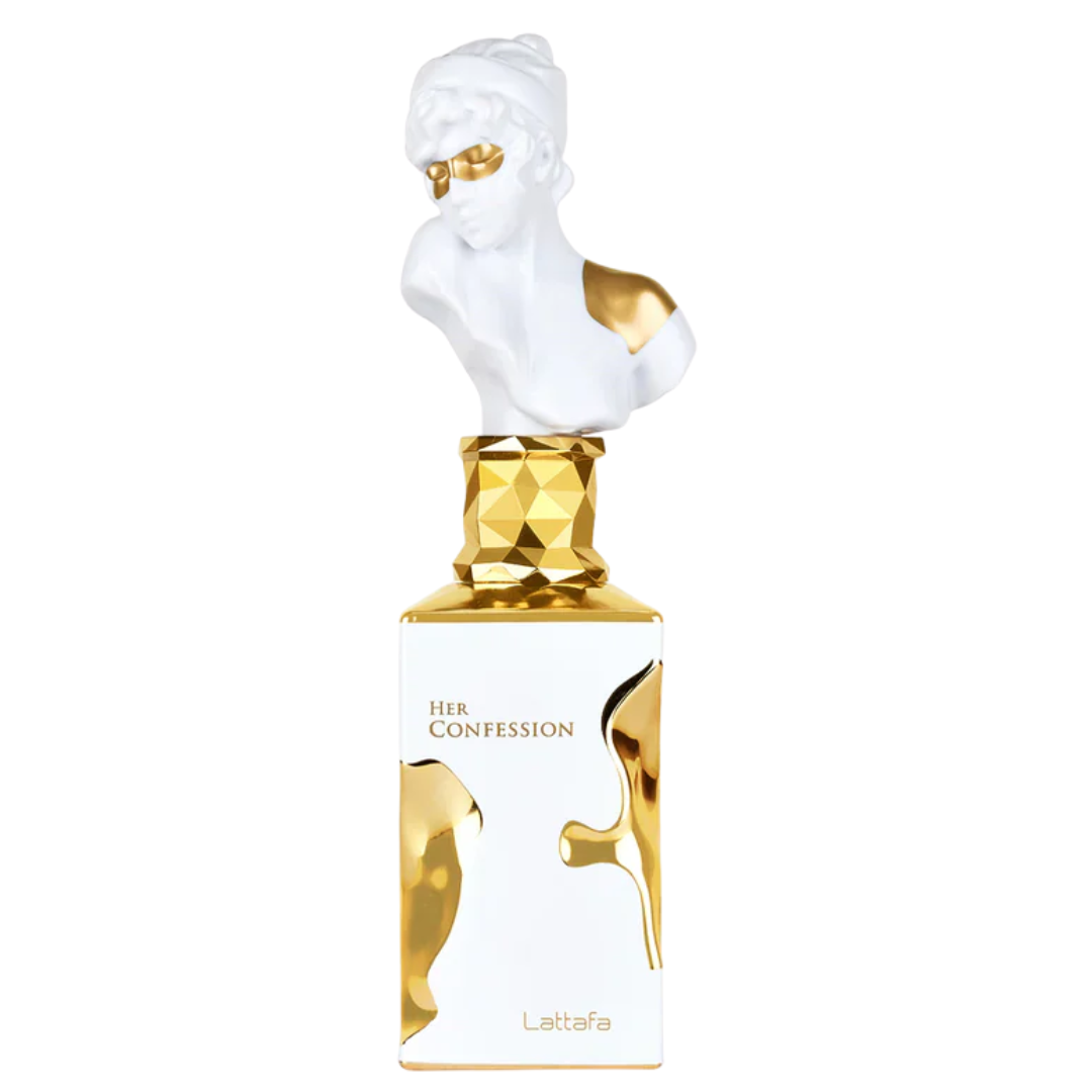 Perfume bottle with classical bust design on a white background. Lattafa Her Confession Womens Perfume.