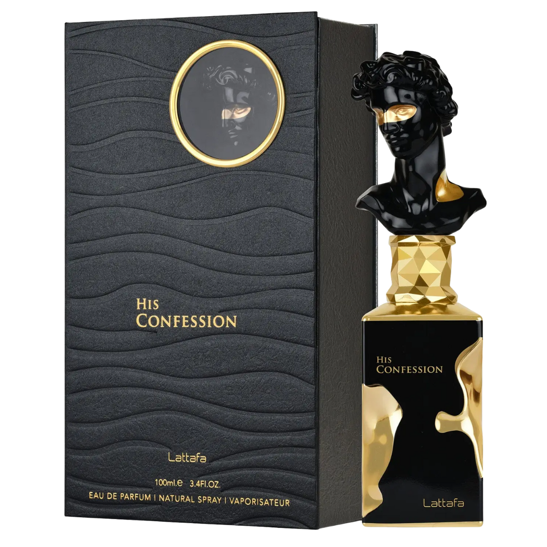 Lattafa 'His Confession' perfume bottle and packaging on a white background. Lattafa Perfumes.