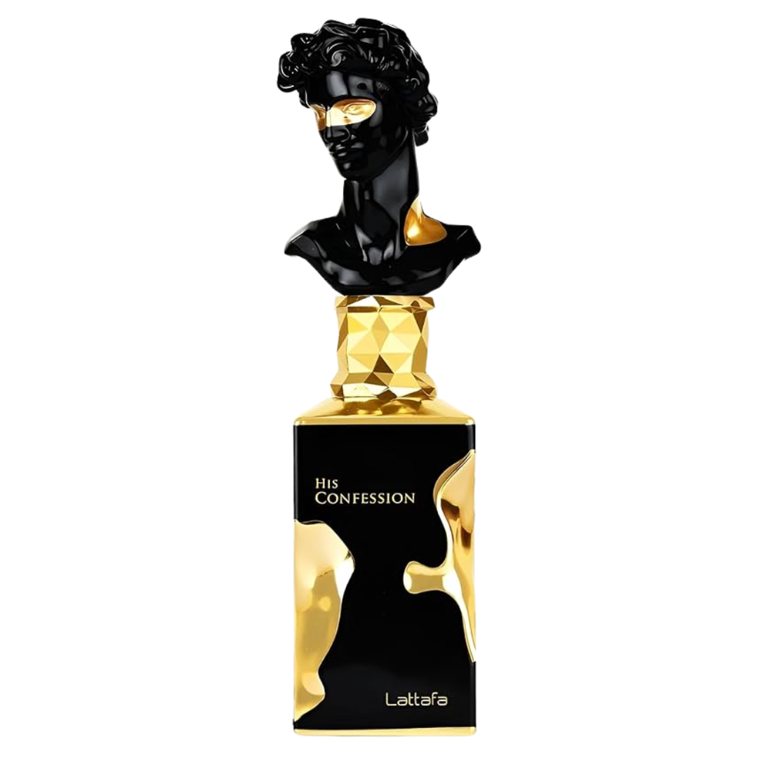 Perfume bottle with classical bust design on a white background. Lattafa His Confession Mens Perfume.