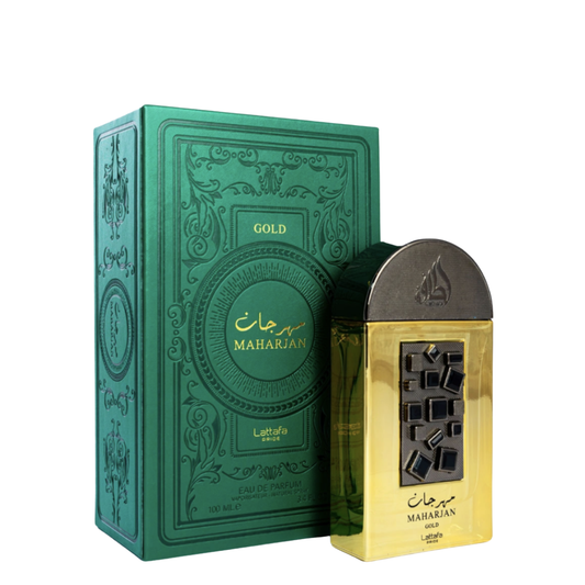 Gold and green perfume bottle with decorative packaging on a white background. Lattafa Maharjan Gold Unisex Perfume