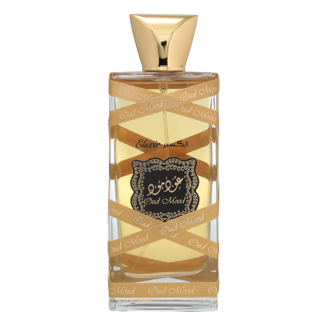 Oud Mood Elixir by Lattafa 100ml Eau de Parfum – luxurious Arabian fragrance in elegant gold-trimmed bottle with golden ribbon design, perfect for lovers of rich oud scents. A bottle of Oud Mood Elixir Perfume by Lattafa with a clear liquid visible and a gold cap. The label features the product name and brand, with decorative elements in gold and black.