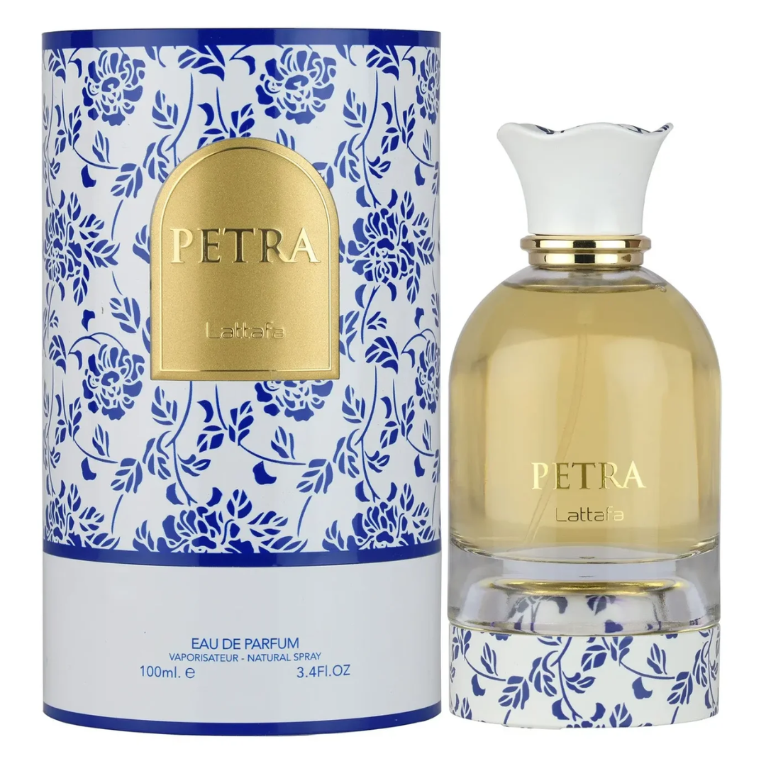 Petra Lattafa perfume bottle and packaging with floral design.