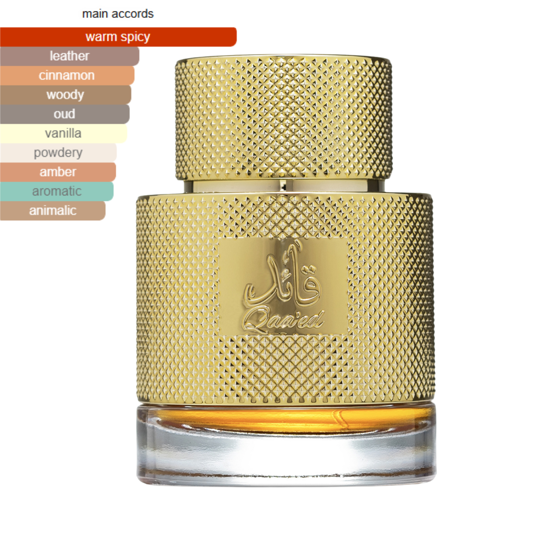 Lattafa Qaa’ed fragrance main accords chart highlighting warm spicy, leather, cinnamon, woody, oud, vanilla, and amber notes beside the signature gold textured perfume bottle. Clone / dupe of / inspired by Dolce & Gabbana - Velvet Desert Oud perfume.