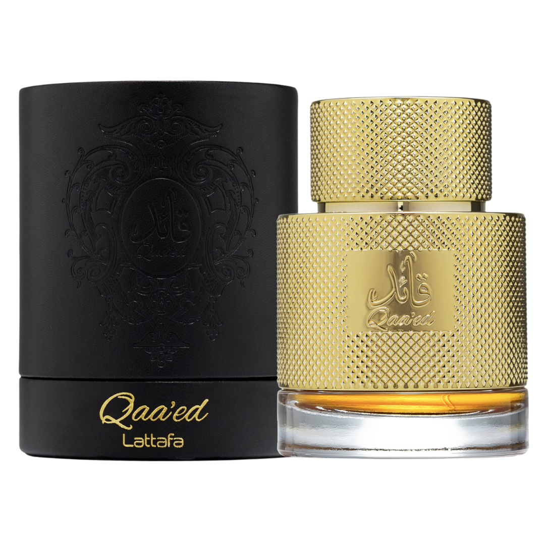 A luxurious gold-colored perfume bottle with a textured cap and the brand name 'Lattafa' displayed prominently. Clone / dupe of / inspired by Dolce & Gabbana - Velvet Desert Oud perfume. Lattafa Qaa’ed Eau de Parfum – luxurious men’s fragrance in an opulent gold textured bottle with black embossed packaging, showcasing Arabic calligraphy and oriental elegance.