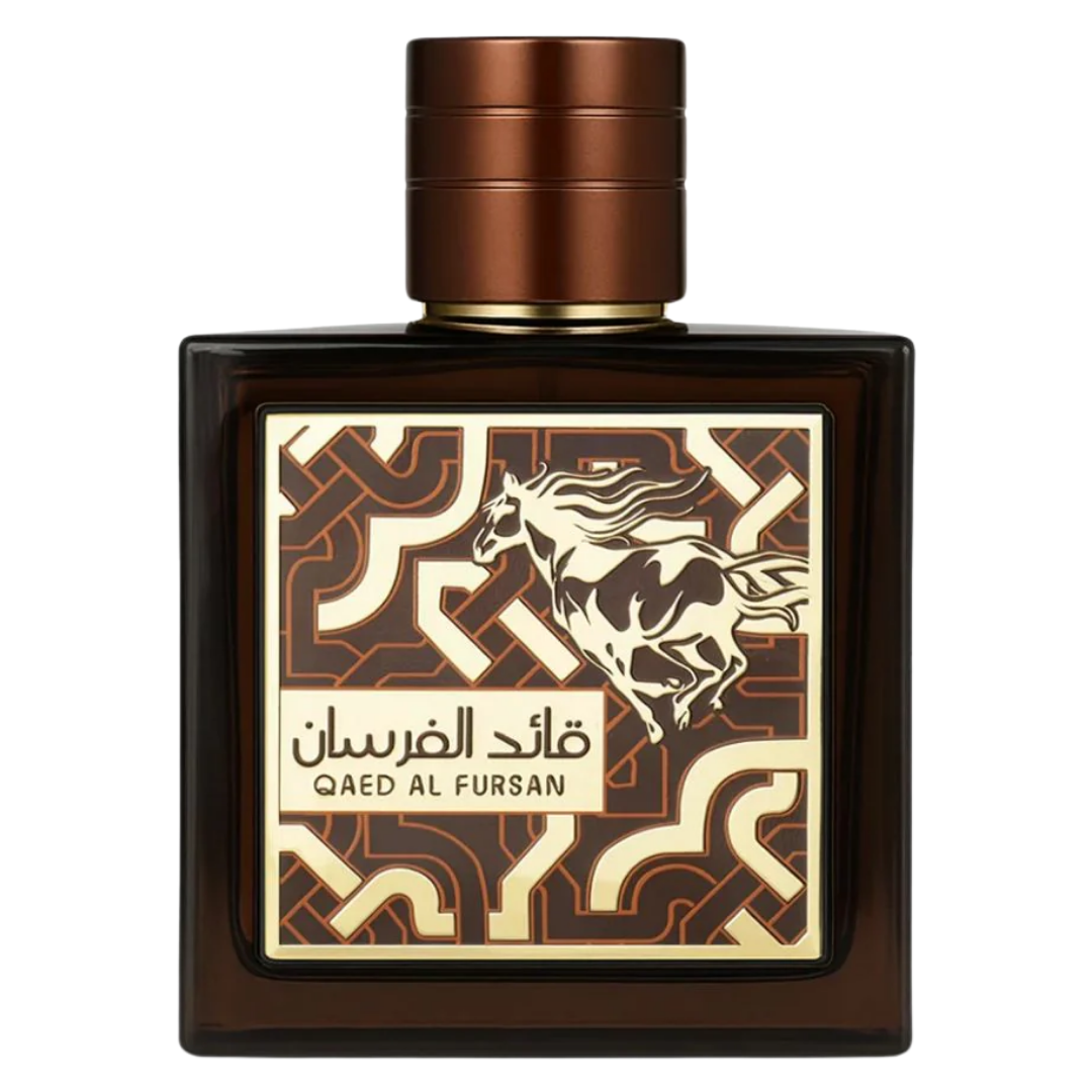 Bottle of Qaed Al Fursan Untamed Perfume with a brown cap and a label featuring a white horse, geometric patterns, and text. Inspired by Versace - Eros Najim.