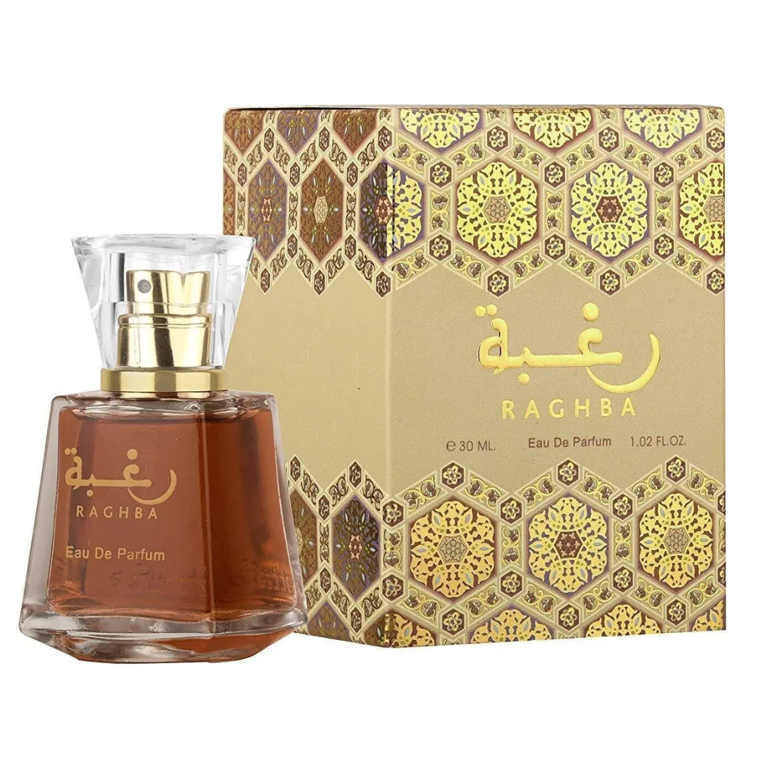 Raghba Eau De Parfum bottle and packaging on a white background. Lattafa Raghba Unisex Perfume