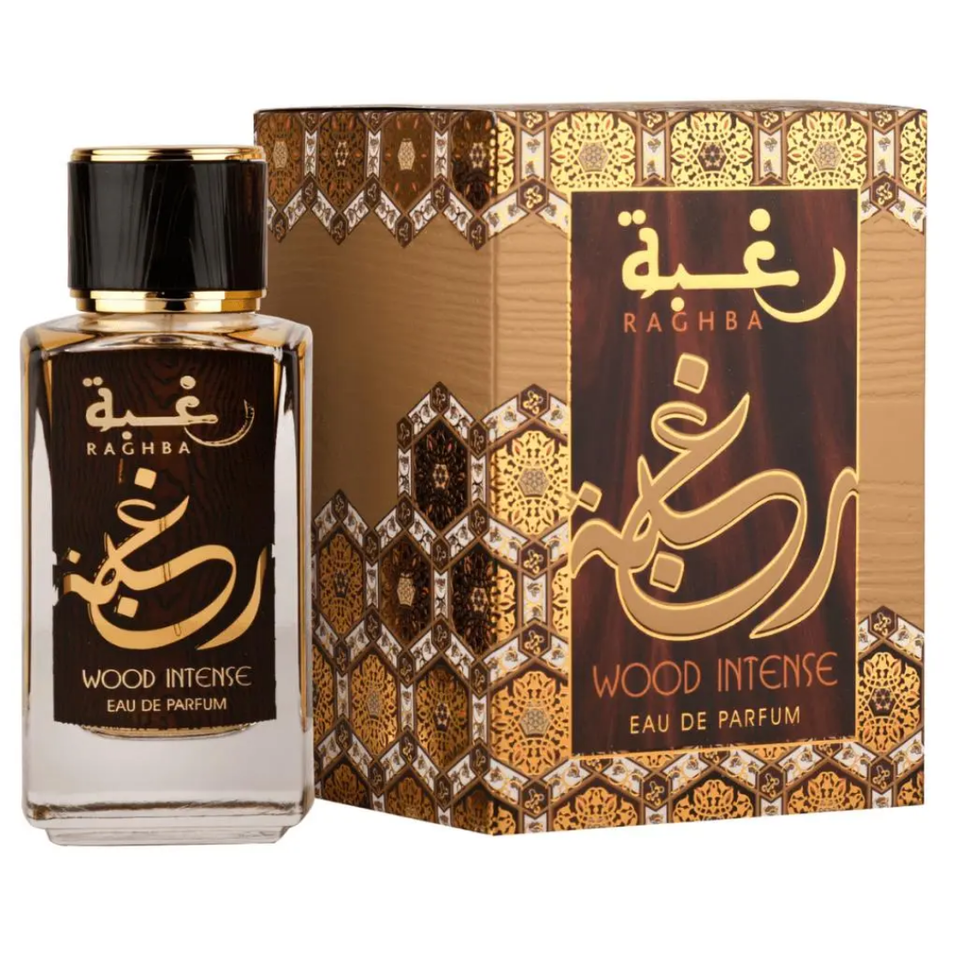 Rachba Wood Intense Eau de Parfum bottle and packaging on a white background. Lattafa Raghba Wood Intense Mens Perfume