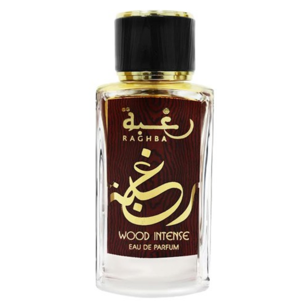 Raghba Wood Intense Eau de Parfum bottle on a white background. Lattafa Raghba Wood Intense Mens Perfume